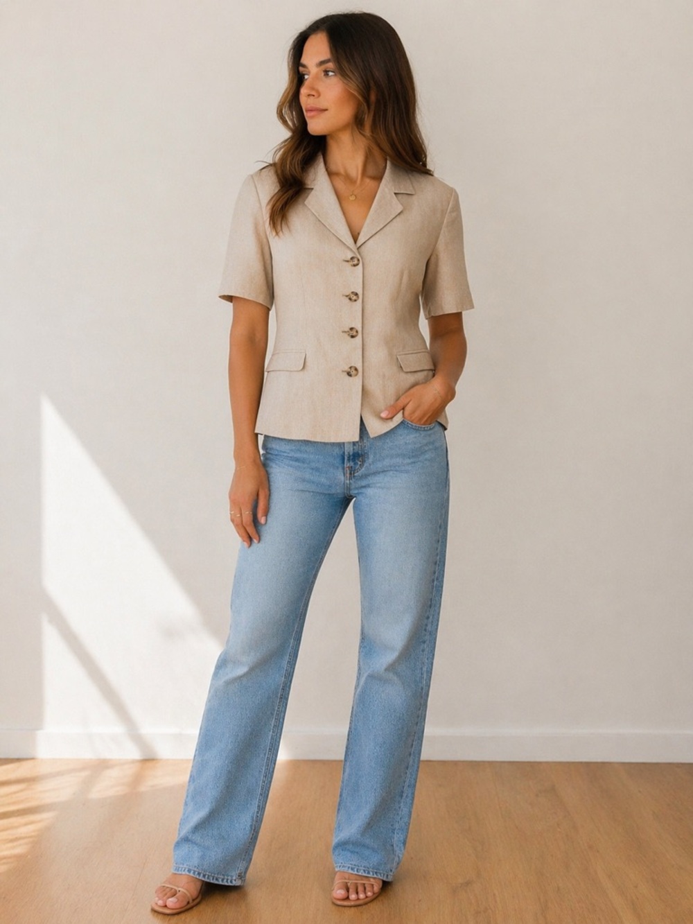 Chelsea Campbell 100% Linen Short Sleeve Blazer Jacket Tan Neutral Size 10